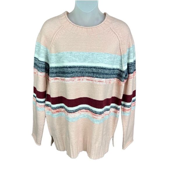 Caslon Sweater Pink Rocking Stripe Crew Neck Wide Ribbed Hem Side Slits Medium - Picture 1 of 15